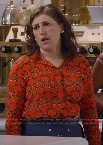 Kat’s orange cat print button down shirt on Call Me Kat