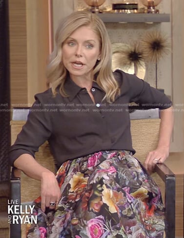 Kelly’s black blouse and floral midi skirt on Live with Kelly and Ryan