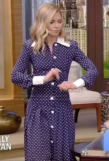 Kelly’s navy polka dot shirtdress on Live with Kelly and Mark