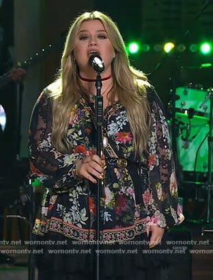 Kelly’s black floral wrap mini dress on The Kelly Clarkson Show