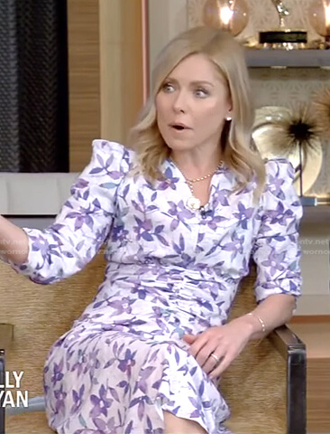 Kelly’s white floral ruched midi dress on Live with Kelly and Ryan