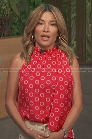 Kit’s red print tie neck top on Access Hollywood