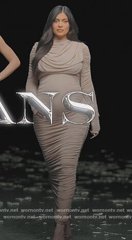 Kylie’s beige ruched dress on The Kardashians