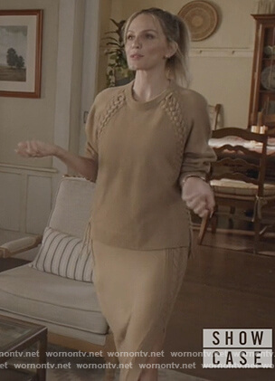 Laura’s beige weave knit trim sweater and skirt on All American