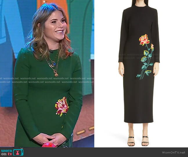 Lela Rose Floral Embroidered Long Sleeve Wool Blend Crepe Column Dress worn by Jenna Bush Hager on Today