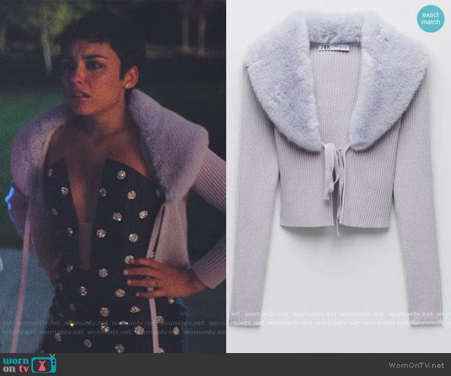 Zara Faux Fur Trim Knit Cardigan worn by Ari Blanco (Carla Diaz) on Elite