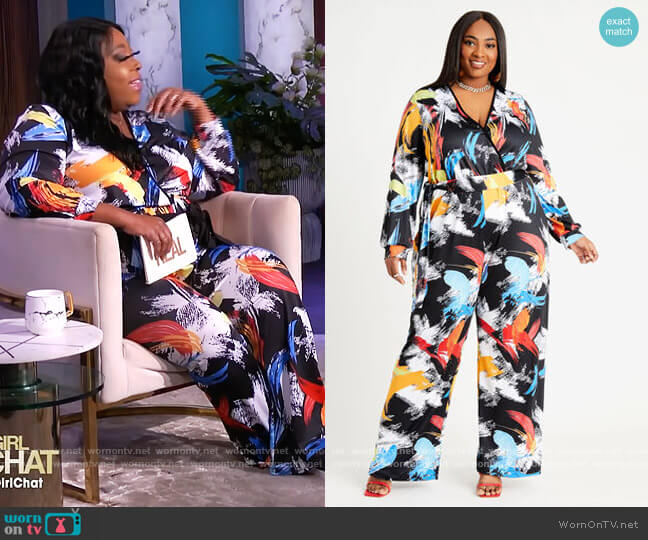 Ashley Stewart Belted Brush Stroke Jumpsuit worn by Loni Love on The Real