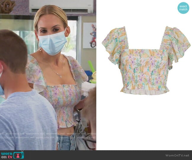Love Shack Fancy Floral Chiffon Smocked Crop Top worn by Jackie Goldschneider on The Real Housewives of New Jersey