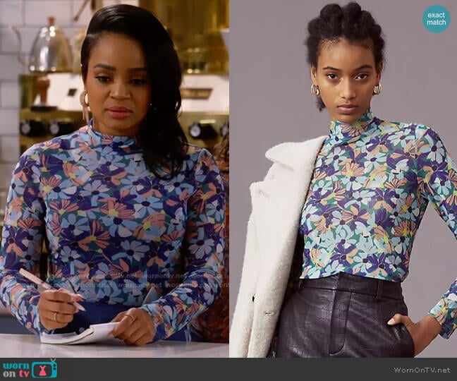Maeve Sheer Mesh Turtleneck Top in Blue Motif worn by Randi (Kyla Pratt) on Call Me Kat