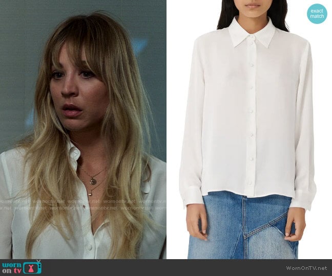 Maje Cecily Silk Shirt worn by Cassie Bowden (Kaley Cuoco) on The Flight Attendant