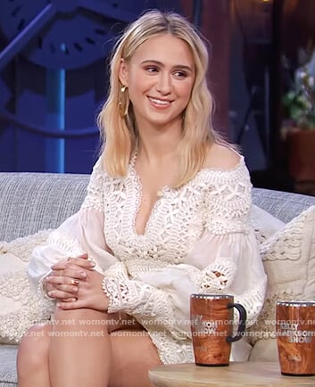 Maria Bakalova’s white embroidered mini dress on The Kelly Clarkson Show