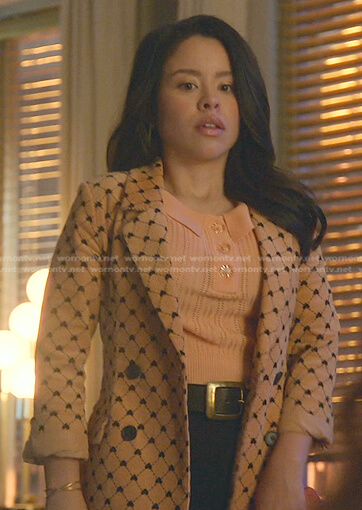 Mariana’s orange polo sweater and beige heart blazer on Good Trouble