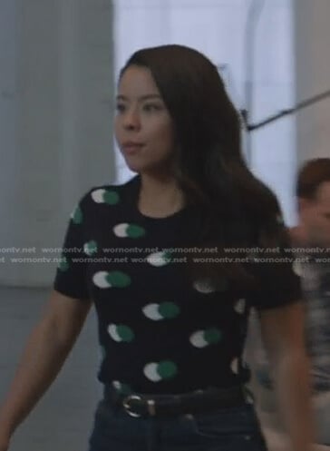Mariana’s green and white dot short sleeve sweater on Good Trouble