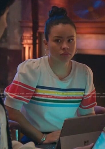 Mariana’s white striped puff sleeve sweatshirt on Good Trouble