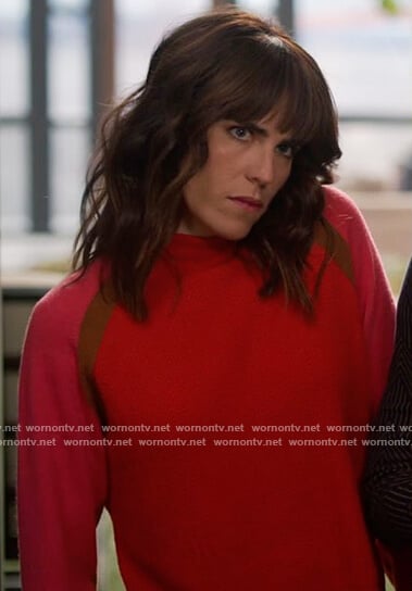 Marina’s red colorblock sweater on Home Economics