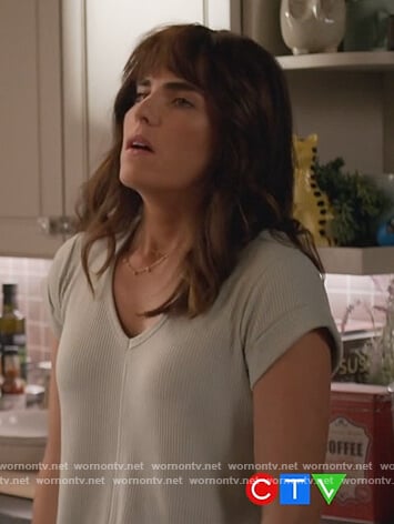 Marina’s sage v-neck tee on Home Economics