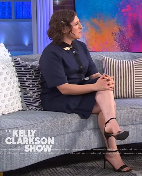 Mayim Bialik’s navy stripe contrast dress on The Kelly Clarkson Show
