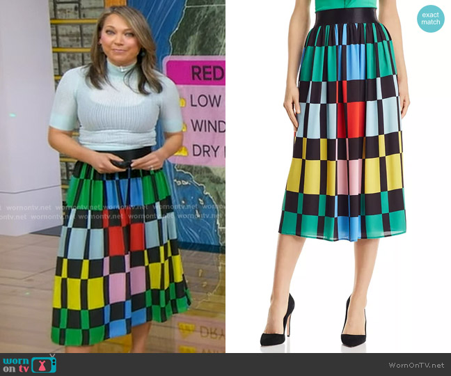 Alice + Olivia Melda Geometric Print Midi Skirt worn by Ginger Zee on Good Morning America
