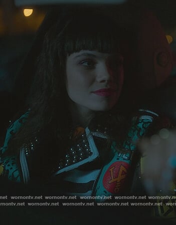 Mencia’s printed studded moto jacket on Elite