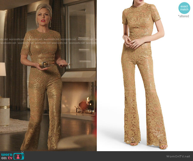 Michael Kors Metallic Lace Flare-Leg Jumpsuit worn by Alexis Carrington (Elaine Hendrix) on Dynasty