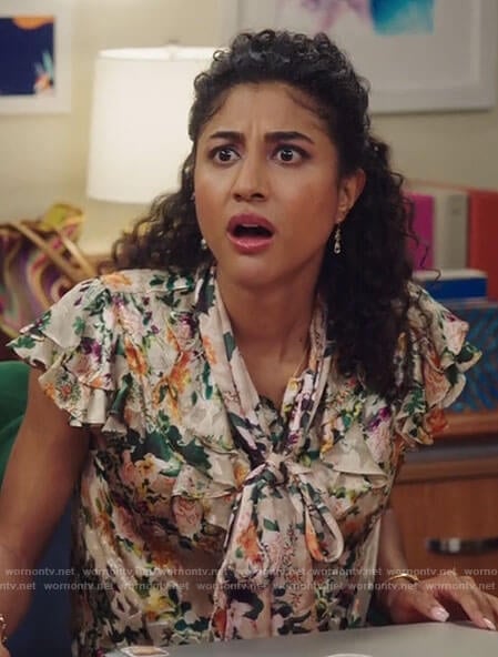 Mikaela’s floral ruffled tie-neck blouse on Mr Mayor