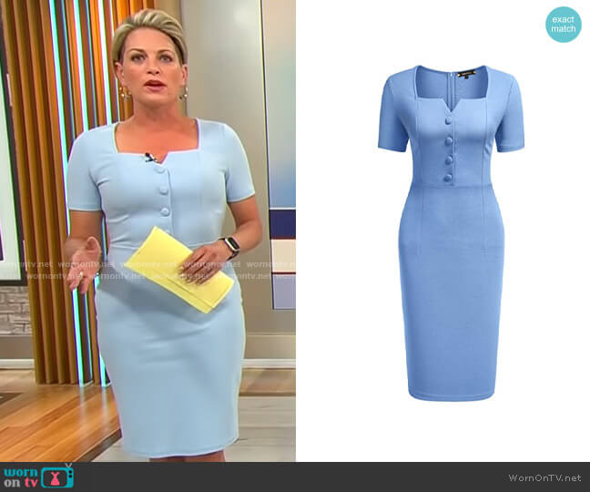 Miusol Square Neck Slim Cocktail Pencil Dress in Light Blue worn by Jamie Yuccas on CBS Mornings