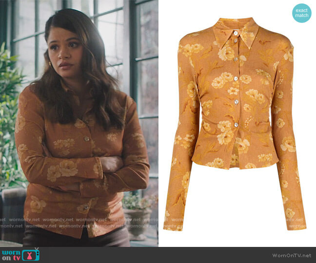 Nanushka Felda floral jersey shirt worn by Mel Vera (Melonie Diaz) on Charmed