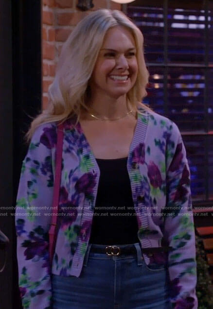 Nicole’s purple floral cardigan on Call Me Kat