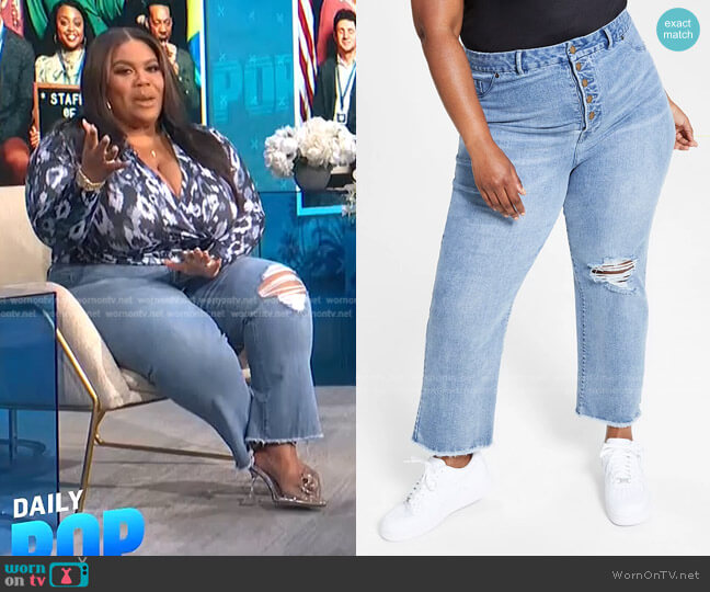 Nina Parker Trendy Plus Size Button-Fly Distressed Boyfriend Jeans worn by Nina Parker on E! News