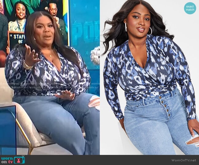 Nina Parker Trendy Plus Size Printed Faux-Wrap Bodysuit worn by Nina Parker on E! News