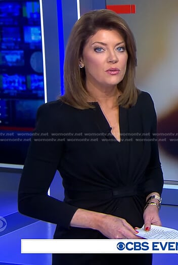 Norah’s black gathered sheath dress on CBS Evening News