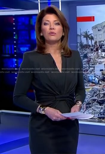 Norah’s black gathered sheath dress on CBS Evening News