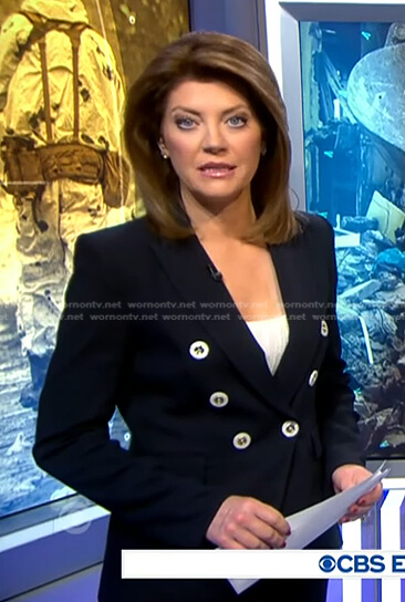 Norah’s navy double breasted blazer on CBS Evening News