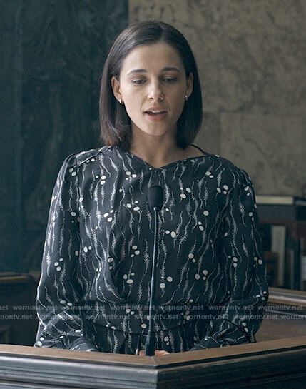 Olivia’s black dotted print dress on Anatomy of a Scandal