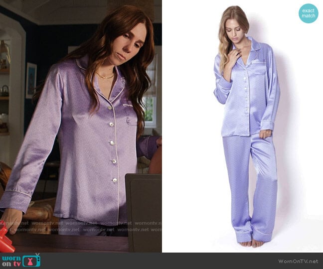 Olivia von Halle Lila Edie Pajamas in Violet worn by Annie (Zosia Mamet) on The Flight Attendant