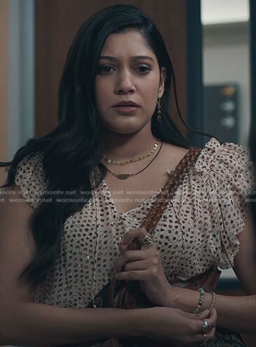 Padma’s beige dot print ruffle top on The Resident