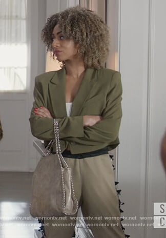 Patience’s beige ruffle side pants on All American
