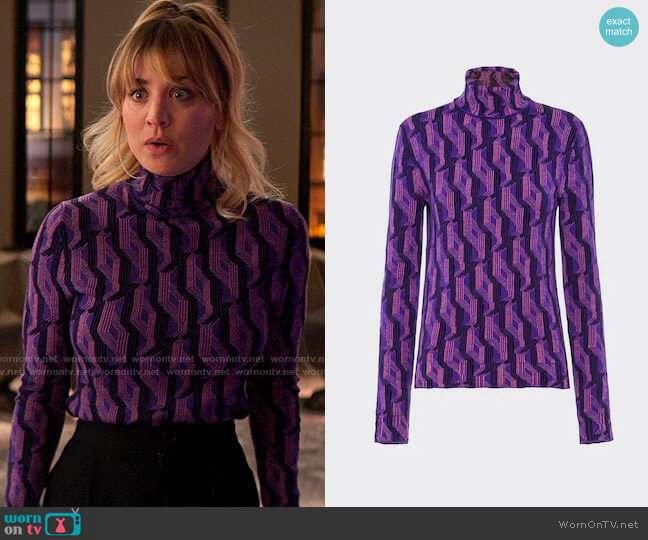 Prada Superfine wool jacquard turtleneck sweater worn by Cassie Bowden (Kaley Cuoco) on The Flight Attendant