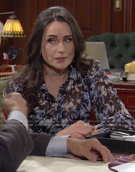 Quinn’s black and blue printed button down blouse on The Bold and the Beautiful