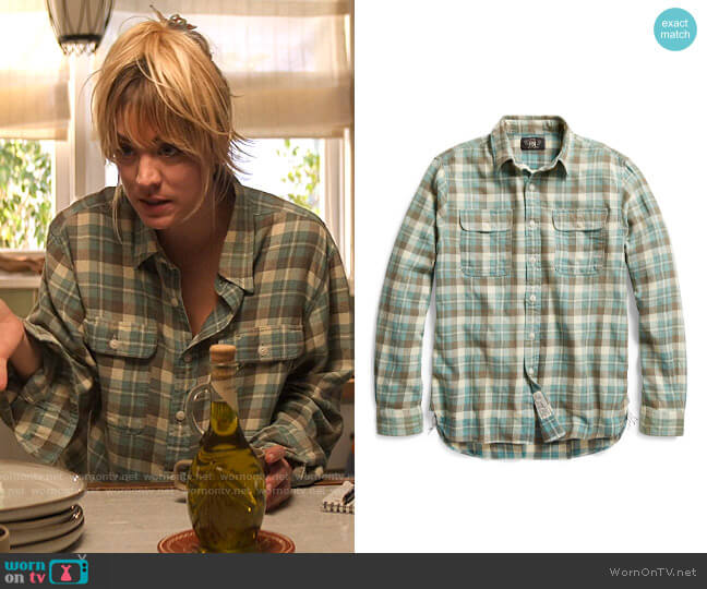 RRL Ralph Lauren Plaid Cotton Linen Workshirt worn by Cassie Bowden (Kaley Cuoco) on The Flight Attendant