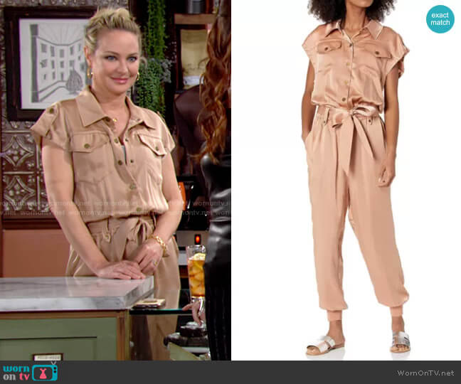 Ramy Brook Mikey Jumpsuit in Caramel worn by Sharon Newman (Sharon Case) on The Young and the Restless