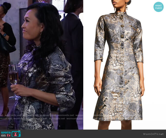 Rickie Freeman For Teri Jon Metallic Jacquard Bejeweled-Button Dress worn by Selina Wu (Lydia Look) on General Hospital
