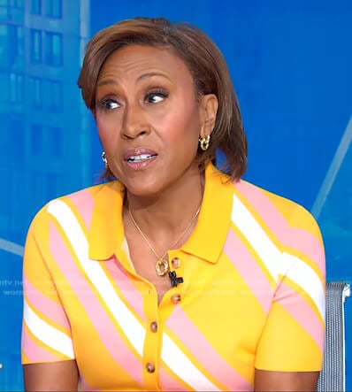 Robin’s yellow, pink and white diagonal stripe dress on Good Morning America
