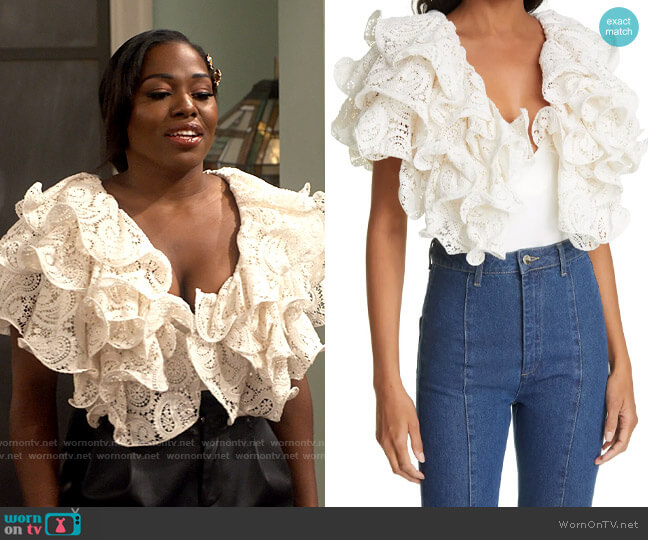 Rotate Ruffle Sleeve Bodysuit worn by Harper (Laci Mosley) on iCarly
