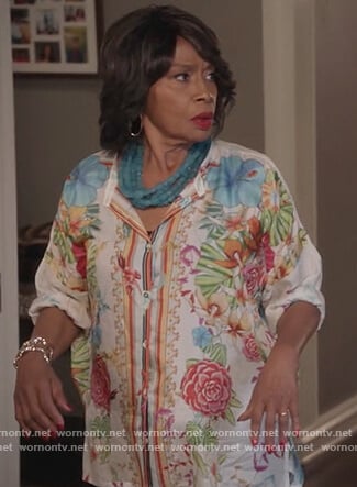 Ruby’s white floral print blouse on Black-ish