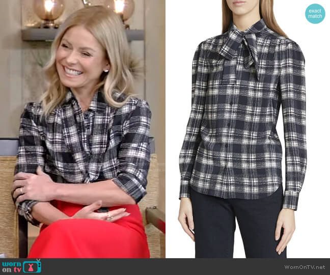 Saint Laurent Plaid Neck-Tie Silk Blouse worn by Kelly Ripa on Live with Kelly and Mark