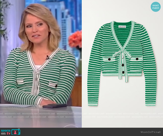 Self Portrait Bow-detailed striped cotton-blend cardigan worn by Sara Haines on The View
