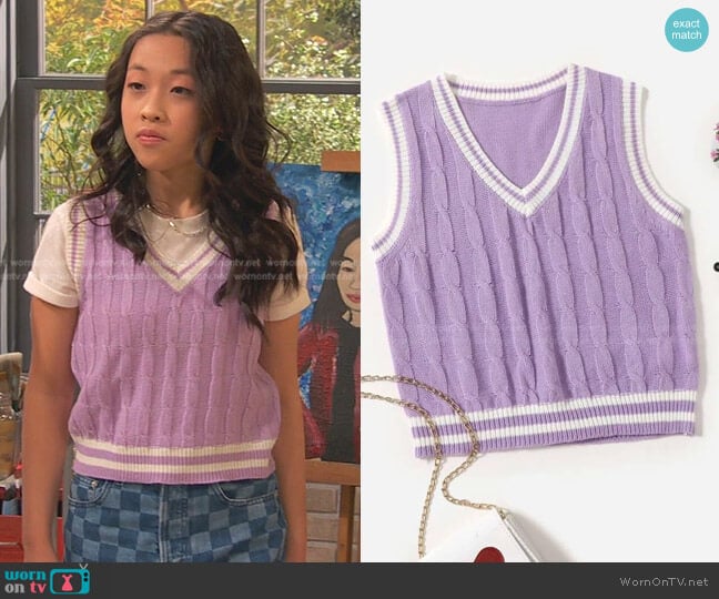 Shein Girls Cable Knit Striped Trim Sweater Vest worn by Ivy (Emmy Liu-Wang) on Ravens Home