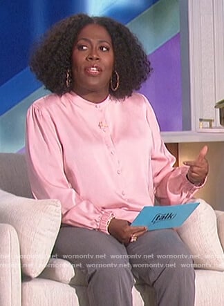 Sheryl’s pink collarless blouse on The Talk