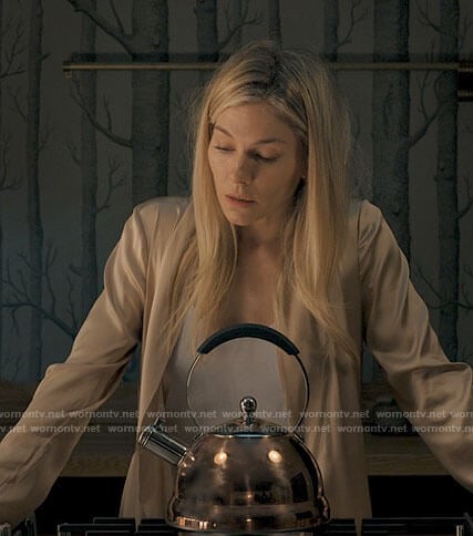 Sophie’s long gold robe on Anatomy of a Scandal